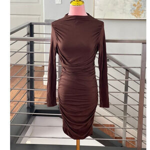 Naked Wardrobe Ruched Long Sleeve Back Cutout Mini Dress in Chocolate